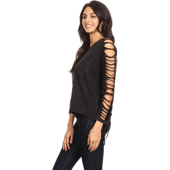 Ripped Long Sleeve Faded Distressed Top Pullover Cotton Blend Woman's Xl - Picture 4 of 6